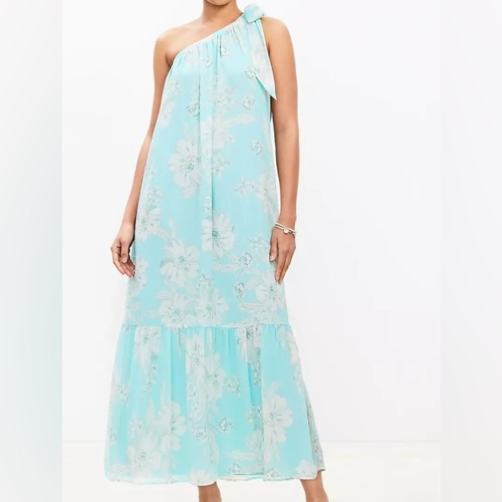 LOFT One-Shoulder Floral Dress in Aqua